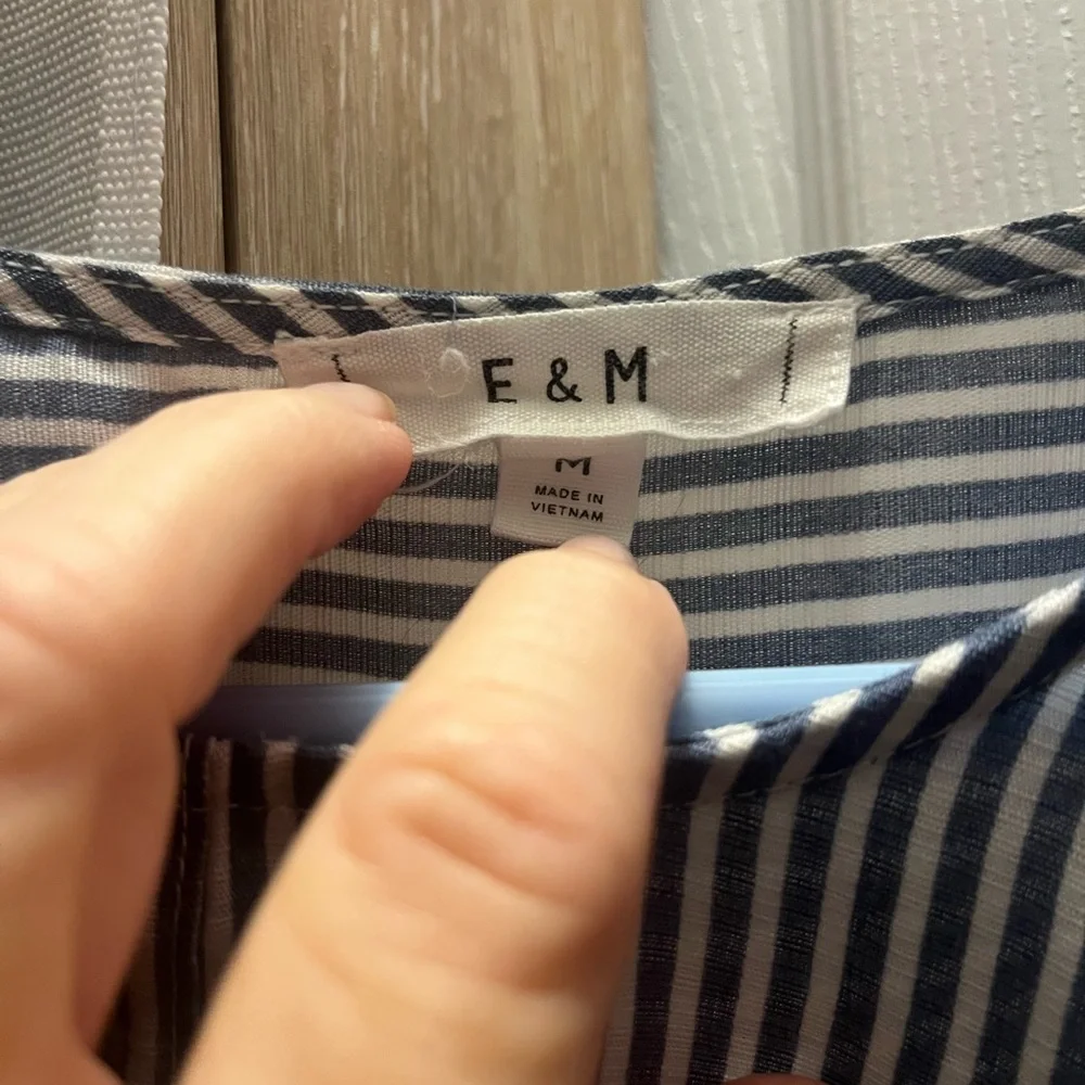 E & M Navy Striped Button-Front and Back Blouse - Picture 5 of 9